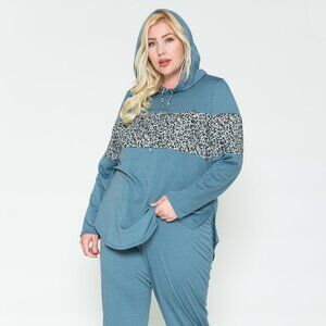 Plus Size Denim (Small Leo Print) Detail Printed Hoodie & Pants Sets